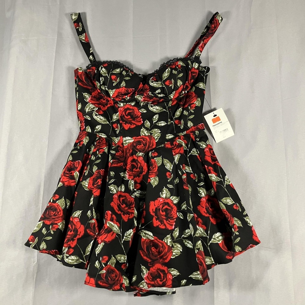 Balance Romper‎ Womens Small Black Red Rose Floral Spaghetti Strap Neckline